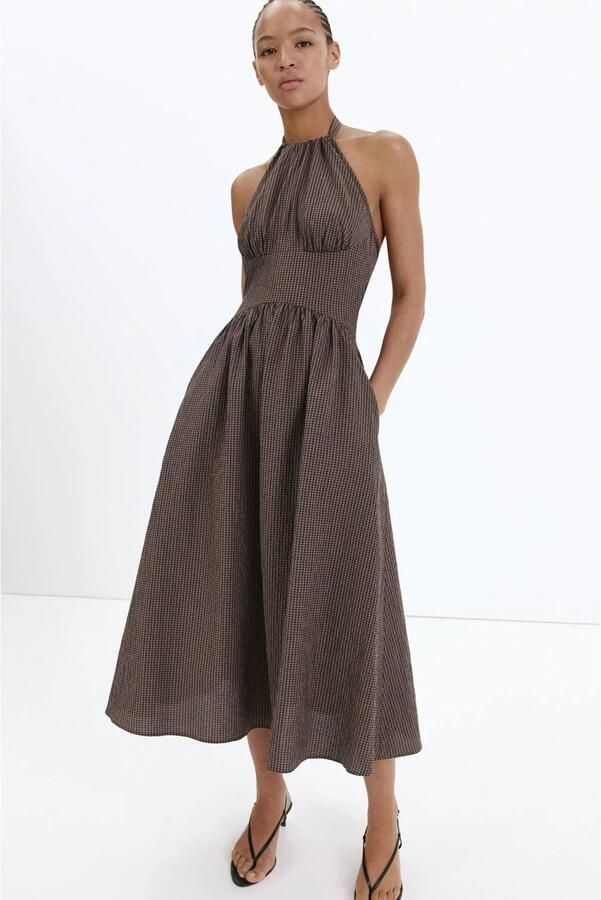 Mango halter geruite midi jurk met open rug bruin