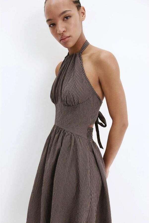 Mango halter geruite midi jurk met open rug bruin - Foto 2