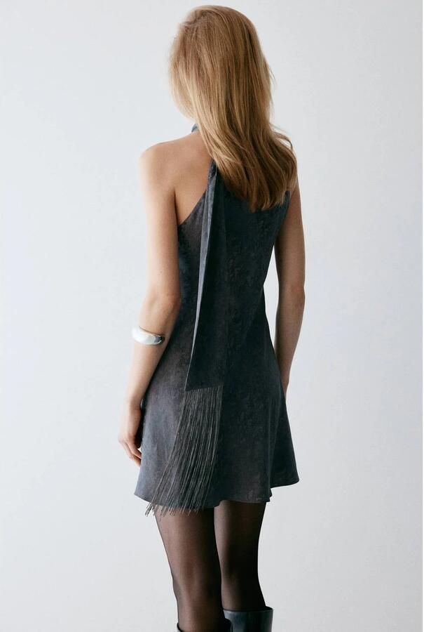 Mango halter jacquard mini jurk met franjes grijs - Foto 2