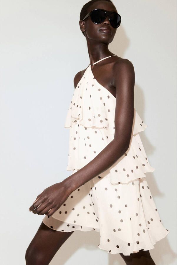 Mango halter mini jurk met stippen en ruches ecru