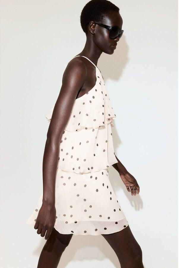 Mango halter mini jurk met stippen en ruches ecru - Foto 3