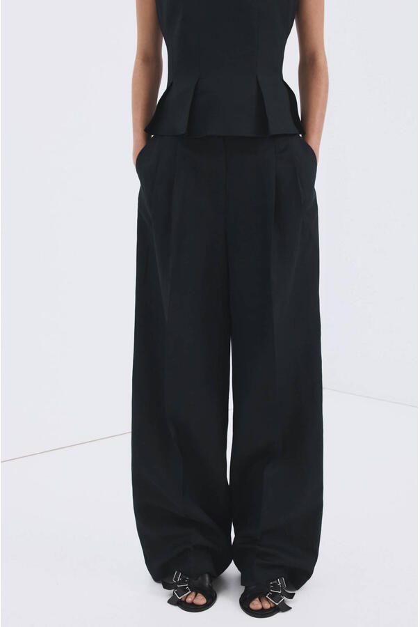 Mango high waist pantalon met linnen donkerblauw