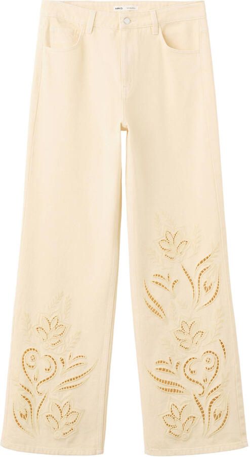 Mango high waist straight leg jeans broderie lichtgeel