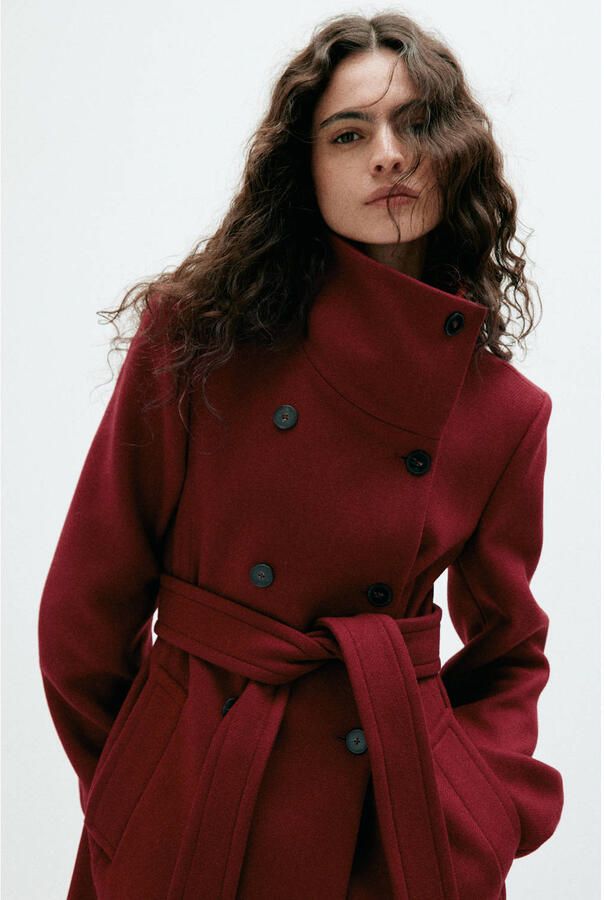 Mango wintermantel met ceintuur en wol rood