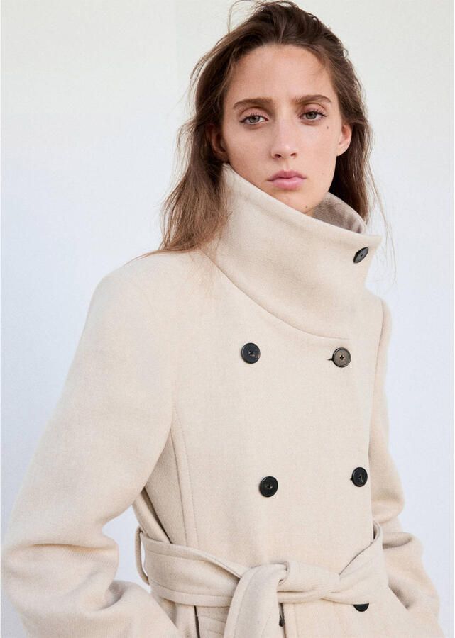 Mango wintermantel met ceintuur en wol beige