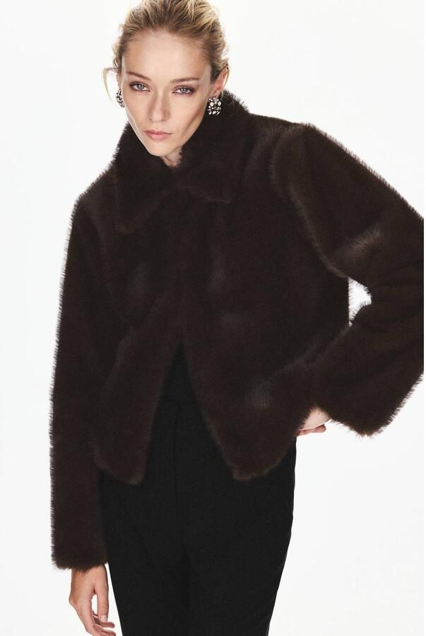 Mango imitatiebont faux fur jas donkerbruin