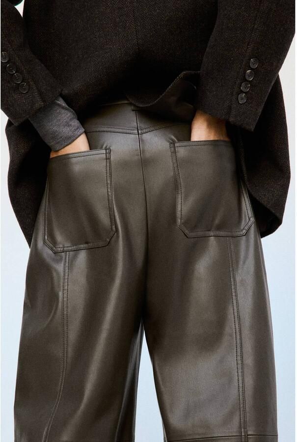 Mango imitatieleren barrel broek bruin groen - Foto 2