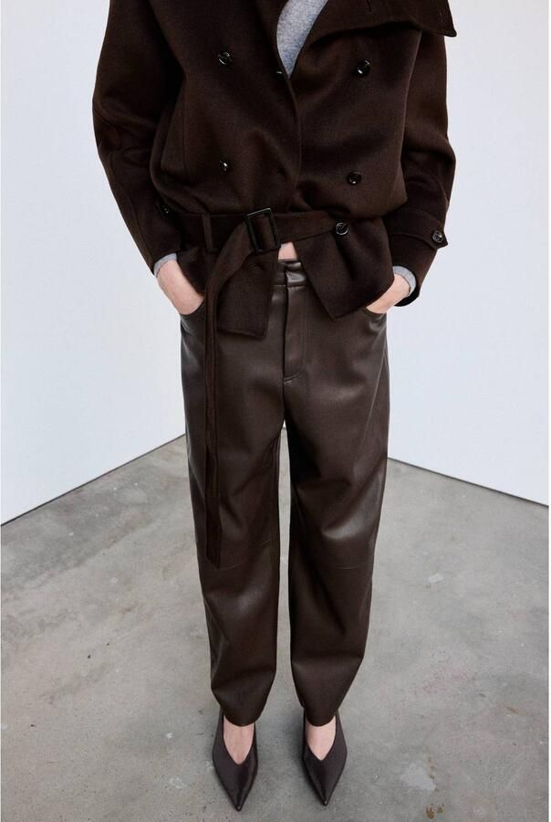 Mango imitatieleren barrel broek donkerbruin
