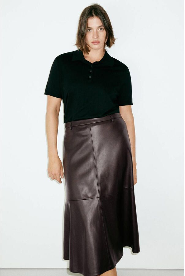 Mango imitatieleren midi rok bruin - Foto 3