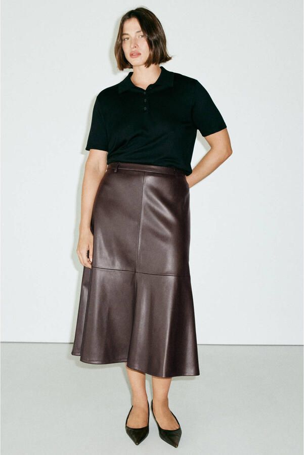 Mango imitatieleren midi rok bruin - Foto 4