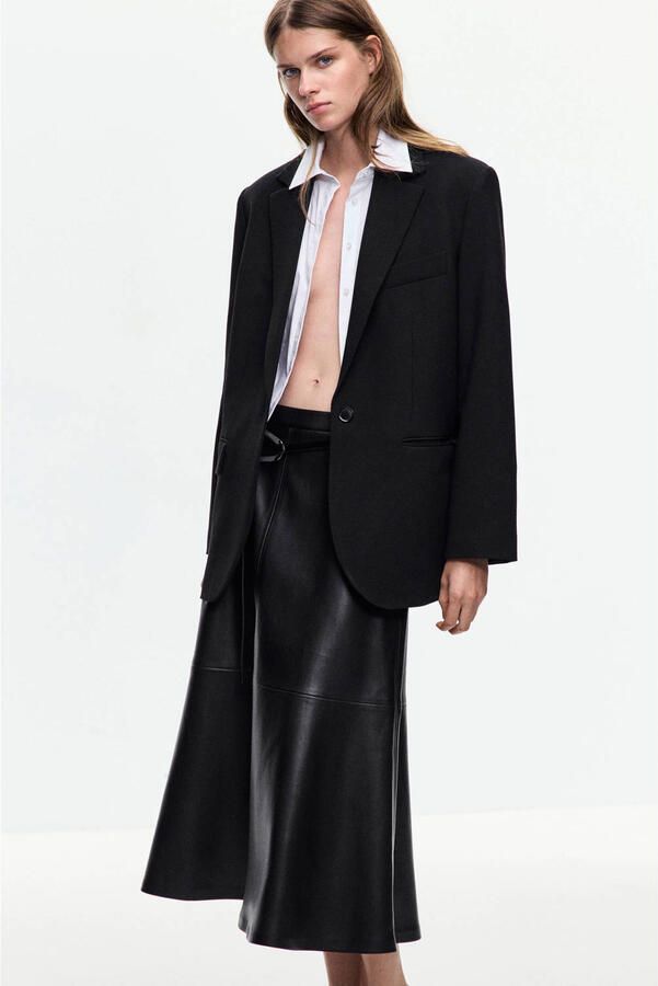 Mango imitatieleren midi rok zwart - Foto 3