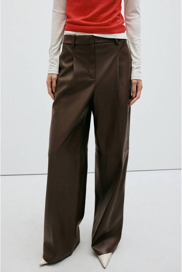 Mango imitatieleren wide leg broek bruin