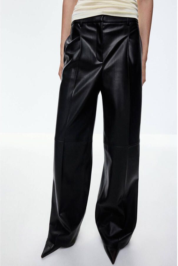 Mango imitatieleren wide leg broek zwart