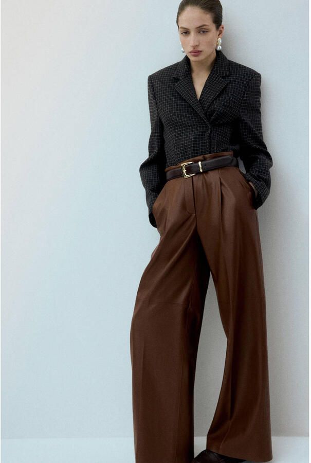 Mango imitatieleren Wide leg regular waist broek bruin