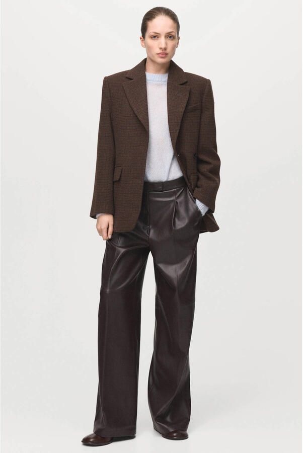 Mango imitatieleren Wide leg regular waist broek donkerbruin - Foto 3