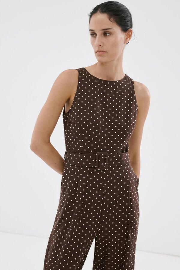 Mango jumpsuit linnen met stippen donkerbruin - Foto 2