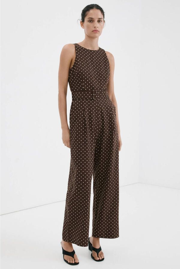 Mango jumpsuit linnen met stippen donkerbruin