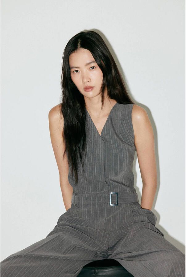 Mango jumpsuit met ceintuur en krijtstreep grijs