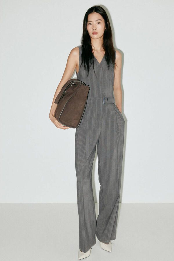 Mango jumpsuit met ceintuur en krijtstreep grijs - Foto 3