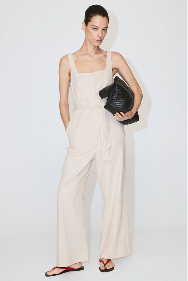 Mango jumpsuit met ceintuur en linnen beige