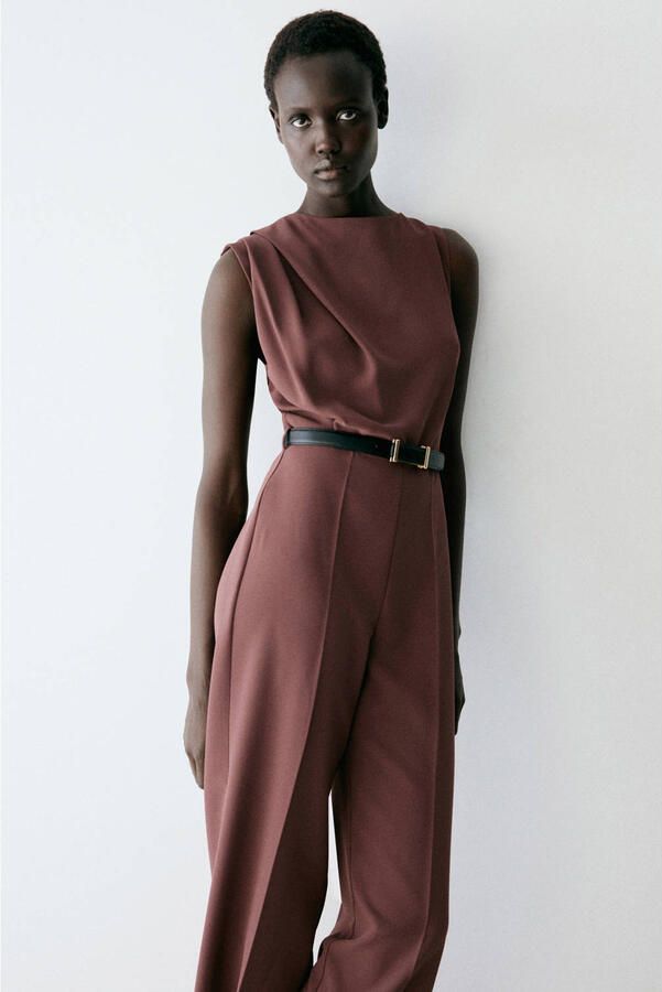 Mango jumpsuit met ceintuur roodbruin