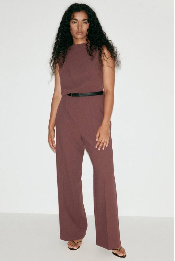 Mango jumpsuit met ceintuur roodbruin - Foto 3
