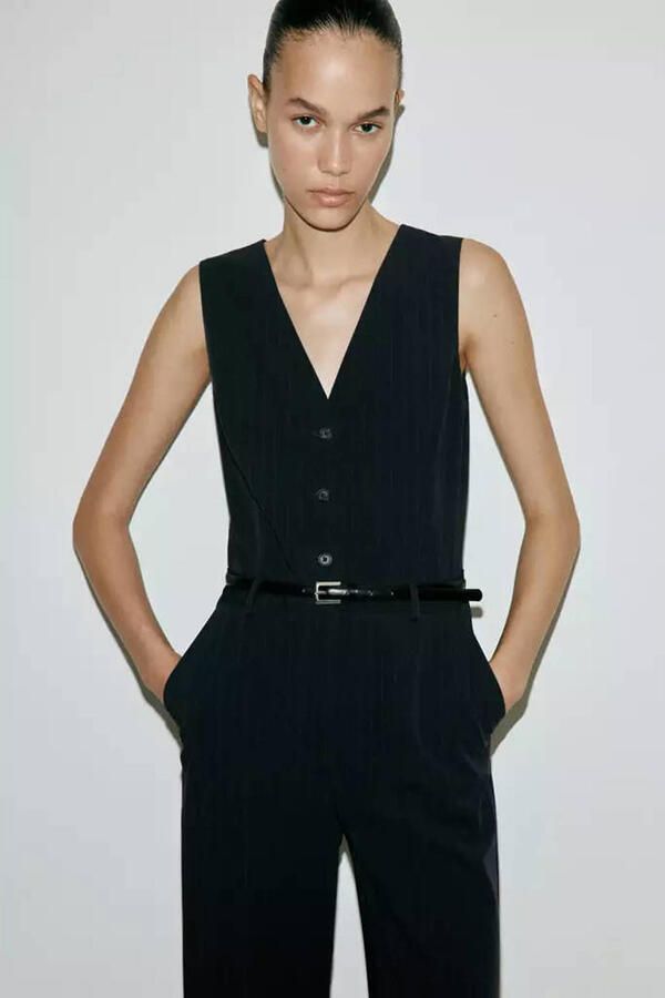 Mango jumpsuit met krijtstreep en ceintuur marineblauw