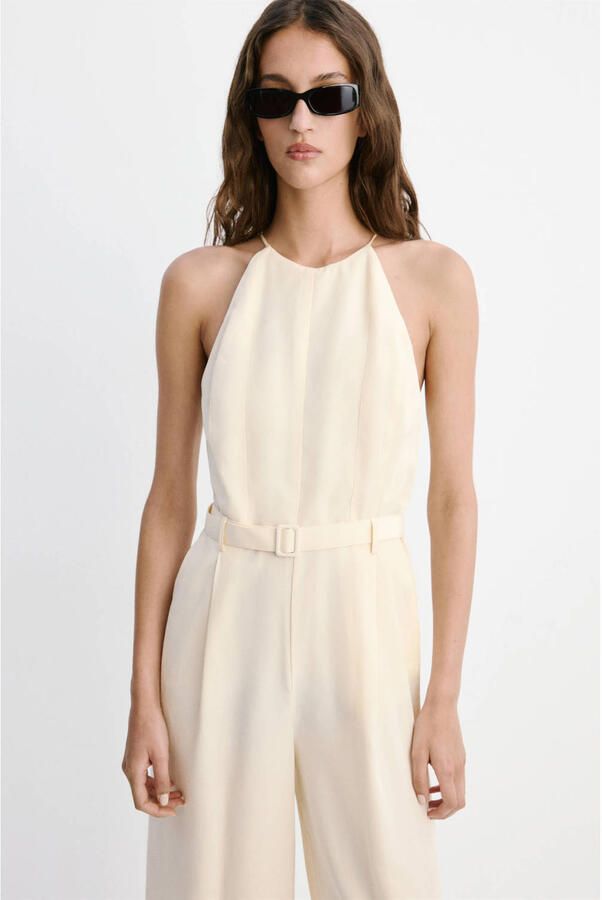 Mango jumpsuit met linnen beige
