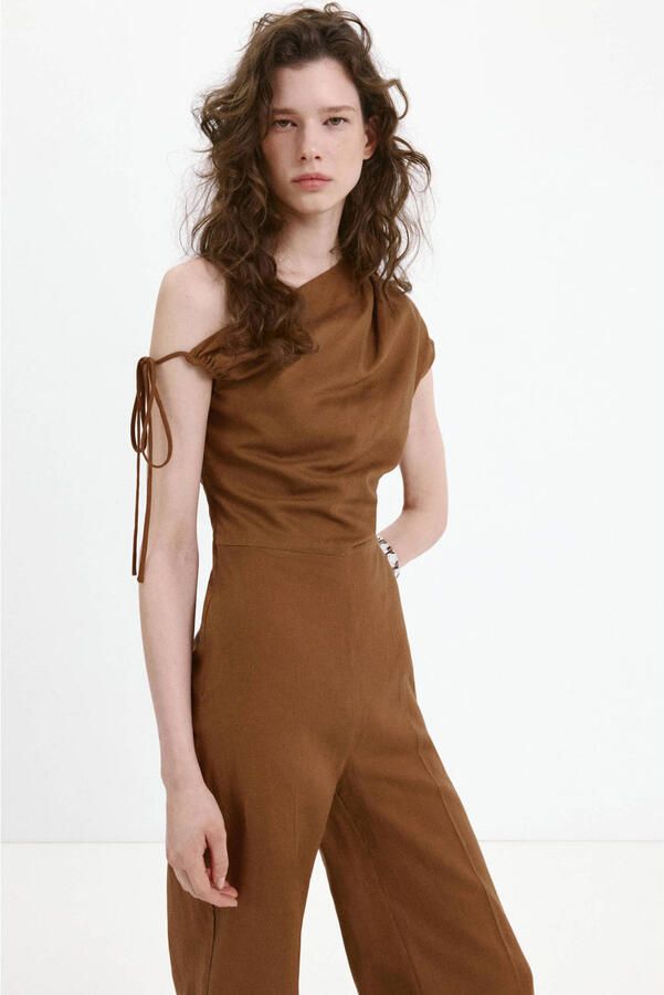 Mango jumpsuit met linnen bruin