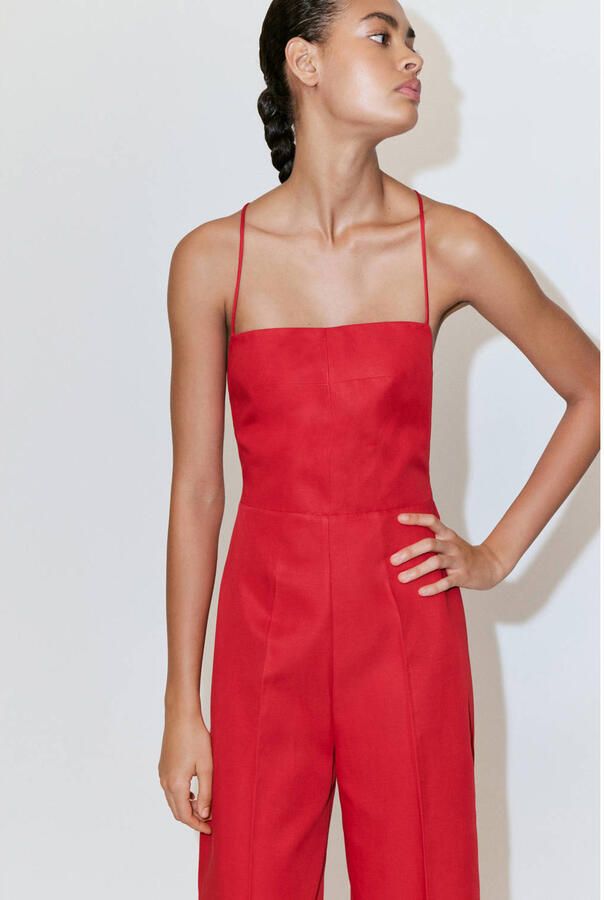 Mango jumpsuit met open rug en linnen rood