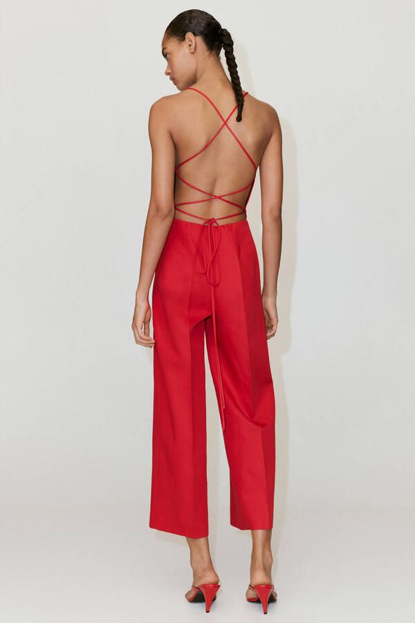 Mango jumpsuit met open rug en linnen rood - Foto 2
