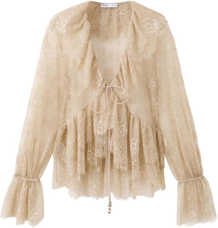 Mango kanten blouse met ruches zand