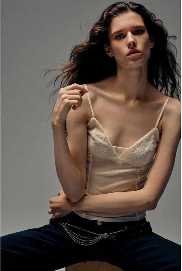 Mango kanten top beige