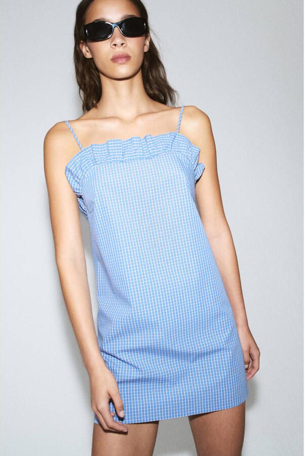 Mango katoenen geruite mini jurk met spaghettibandjes en ruches blauw