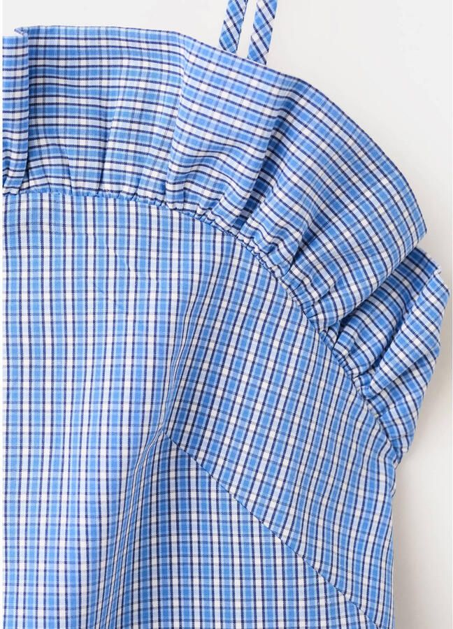 Mango katoenen geruite mini jurk met spaghettibandjes en ruches blauw - Foto 3