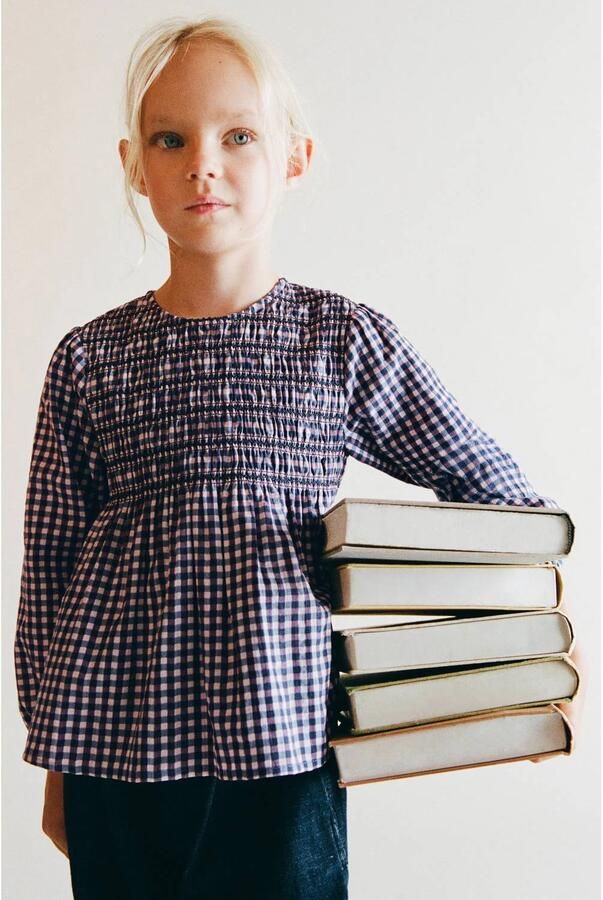 Mango Kids A-lijn geruite blousetop met smockwerk roze blauw paars Meisjes Katoen Ronde hals