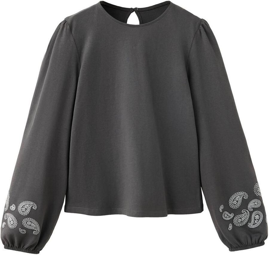 Mango Kids blouse met borduursels en print antraciet Grijs Meisjes Katoen Ronde hals