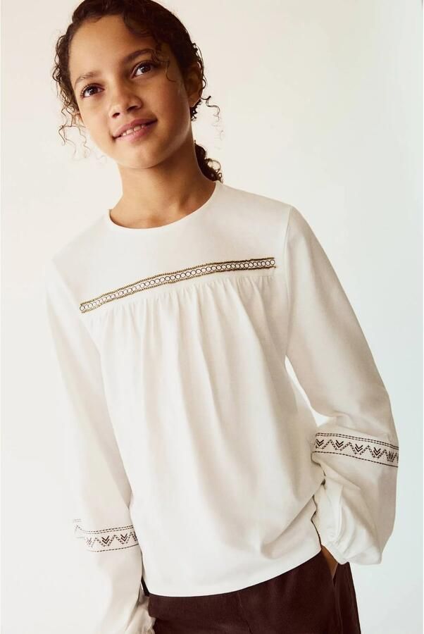 Mango Kids blouse met borduursels wit Meisjes Katoen Ronde hals Effen