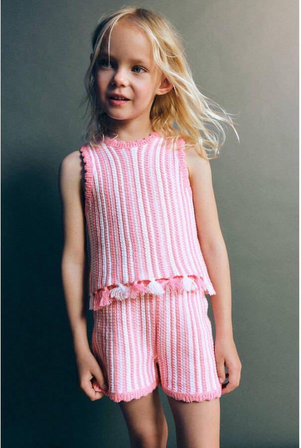 Mango Kids casual gestreepte gebreide short roze