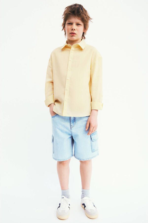 Mango Kids casual overhemd met linnen lichtgeel