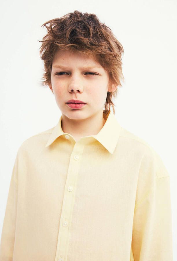 Mango Kids casual overhemd met linnen lichtgeel - Foto 2
