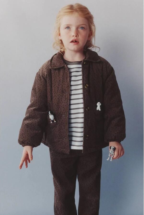 Mango Kids corduroy tussenjas met stippen bruin zwart