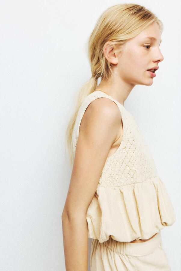 Mango Kids cropped gehaakte top beige - Foto 2