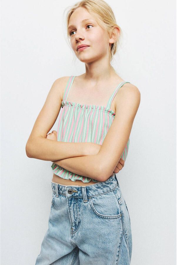 Mango Kids cropped gestreepte mouwloze top met ruches mintgroen