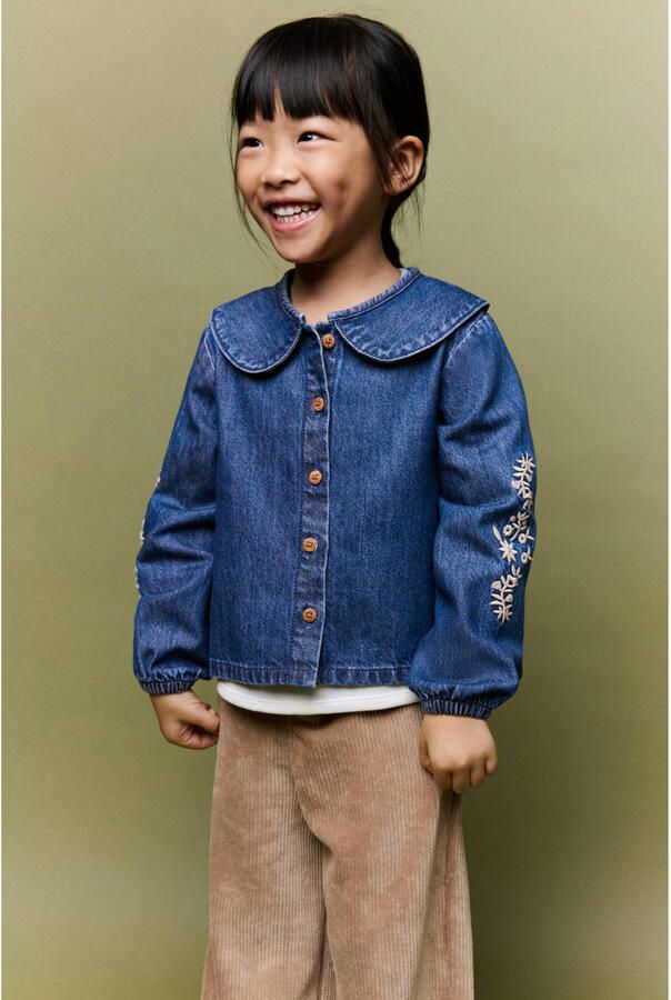 Mango Kids denim blouse met borduursels donkerblauw