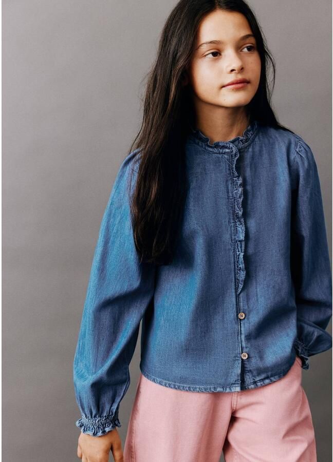 Mango Kids denim blouse met ruches blauw Effen