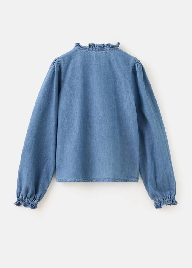 Mango Kids denim blouse met ruches blauw Effen - Foto 2