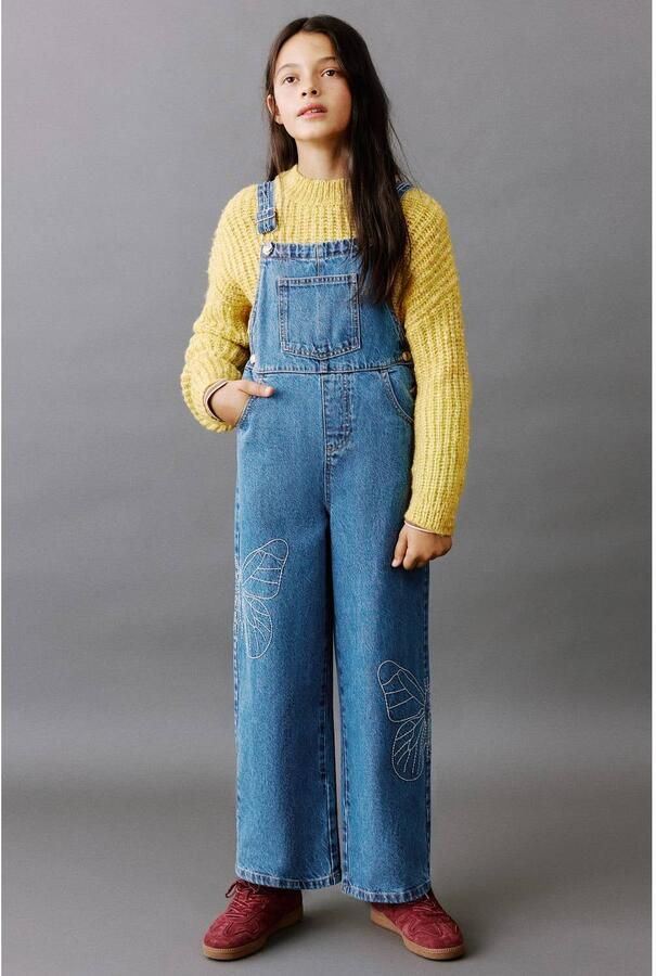 Mango Kids denim straight leg tuinbroek met borduursels medium blue denim
