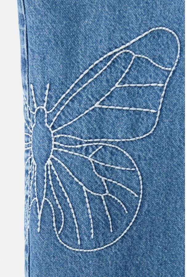 Mango Kids denim straight leg tuinbroek met borduursels medium blue denim - Foto 3