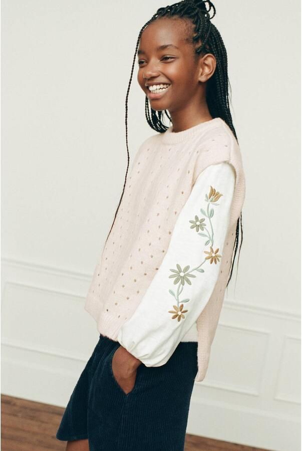 Mango Kids gebloemde blouse met borduursels wit Meisjes Katoen Ronde hals - Foto 3